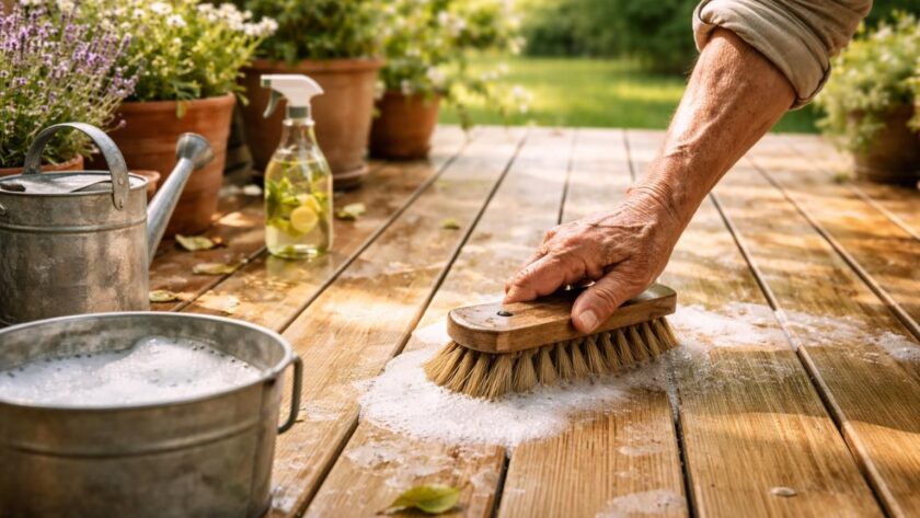 apprenez l'astuce de grand-mère simple et efficace pour nettoyer votre terrasse en bois sans effort, avec des ingrédients naturels et économiques.