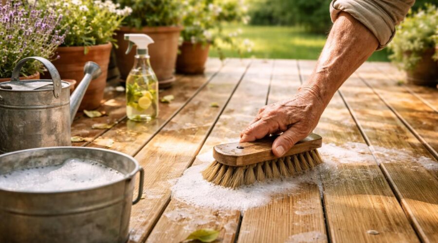 apprenez l'astuce de grand-mère simple et efficace pour nettoyer votre terrasse en bois sans effort, avec des ingrédients naturels et économiques.