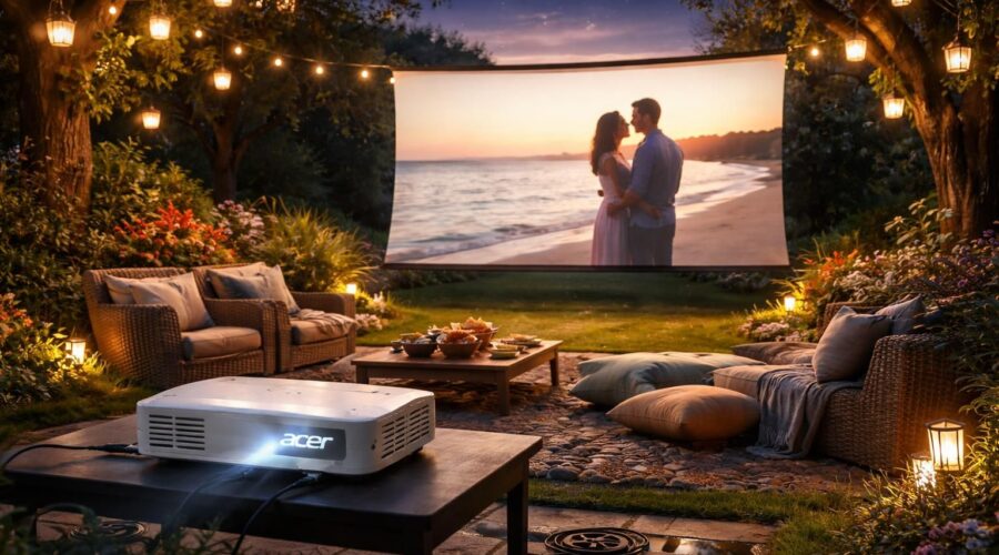 découvrez comment automatiser les prises et l'éclairage pour une scène « cinéma jardin » parfaite avec un vidéoprojecteur acer, alliant confort et technologie pour vos soirées en plein air.
