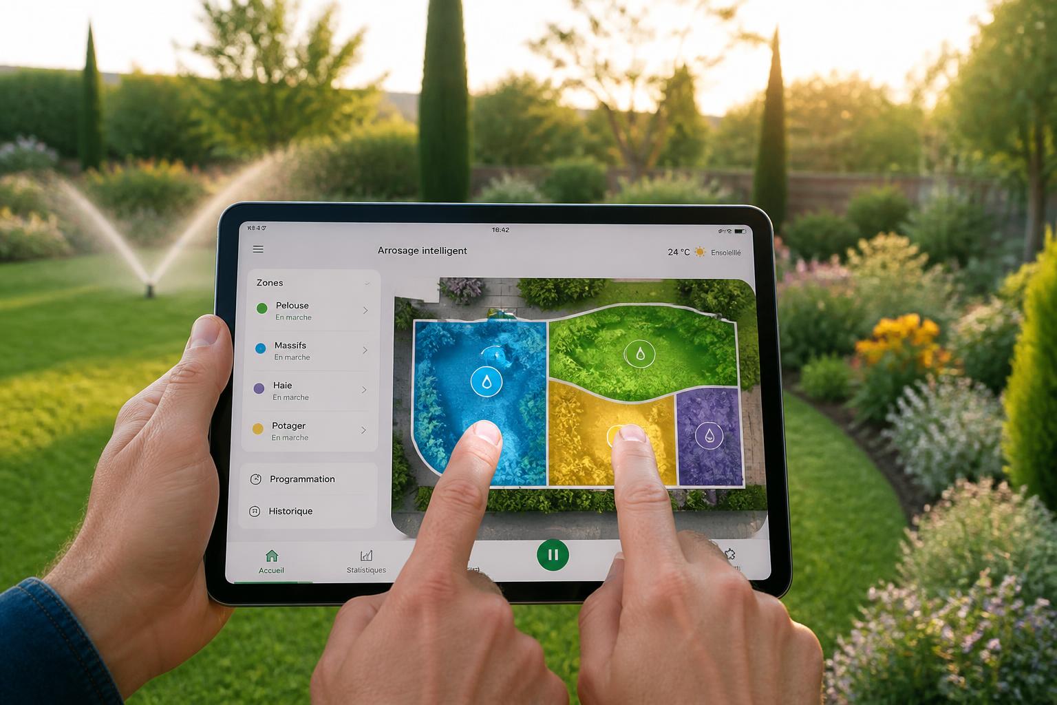 gérez l'arrosage de votre jardin par zones facilement grâce à une tablette tactile, pour une domotique simple et efficace en seulement 2 clics.