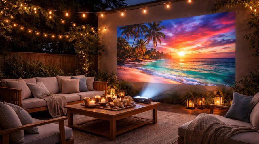 découvrez comment sublimer votre terrasse éclairée en optimisant les noirs et les couleurs grâce à un vidéoprojecteur epson pour des projections exceptionnelles en extérieur.