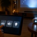 organisez une soirée film immersive en lançant le projecteur, le son et l'éclairage directement depuis votre tablette ipad pour une expérience simple et conviviale.