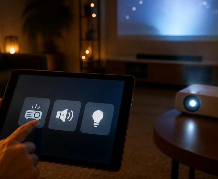 organisez une soirée film immersive en lançant le projecteur, le son et l'éclairage directement depuis votre tablette ipad pour une expérience simple et conviviale.