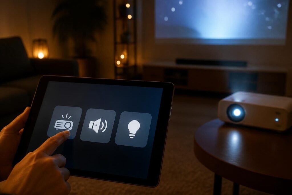 organisez une soirée film immersive en lançant le projecteur, le son et l'éclairage directement depuis votre tablette ipad pour une expérience simple et conviviale.