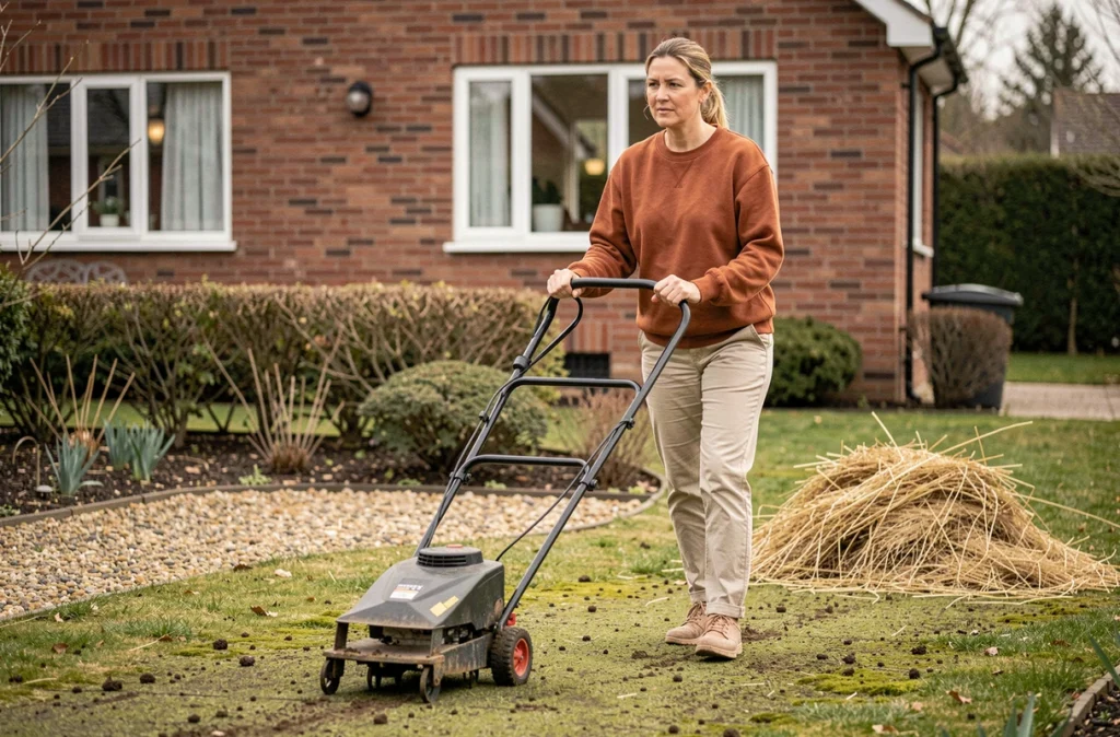 Femme aérant sa pelouse avec un aérateur manuel pour prévenir l'apparition de la mousse dans le gazon au printemps