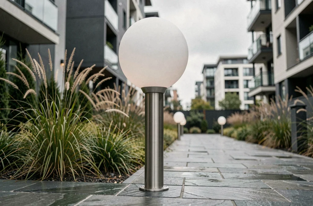Borne boule en polycarbonate blanc mat sur poteau en acier inoxydable le long d'un chemin de jardin contemporain en ardoise