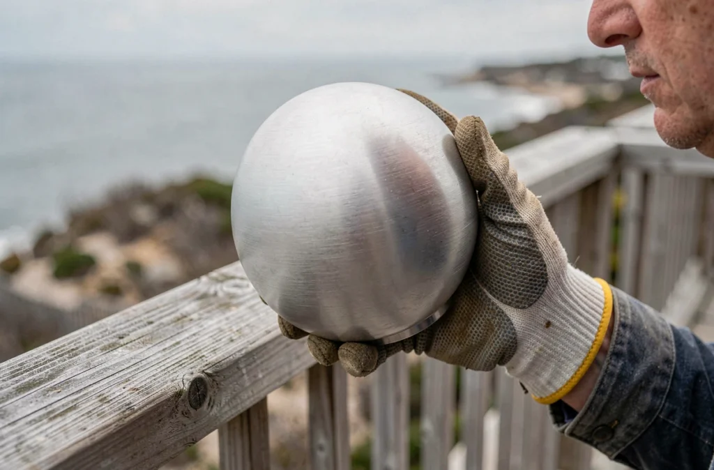 Artisan tenant une boule d'éclairage extérieur en aluminium brossé près d'une terrasse en bord de mer, montrant la texture résistante à l'oxydation