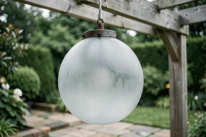 Boule d'éclairage extérieur en verre borosilicate givré suspendue à une pergola en teck avec câble en acier inoxydable dans un jardin résidentiel