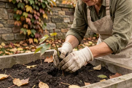 Femme qui plante une bouture de vigne vierge en pleine terre dans un jardin en automne