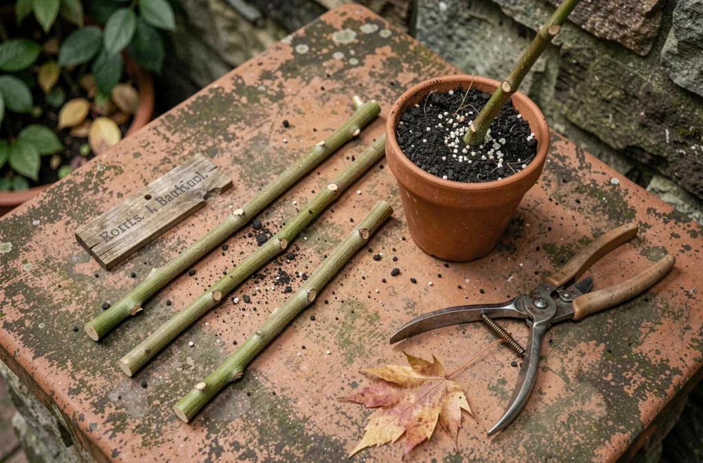 Boutures de vigne vierge prêtes à être plantées en pleine terre avec outils de jardinage