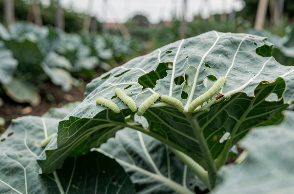 Groupe de chenilles vertes sur le dessous d'une feuille de chou dans un potager