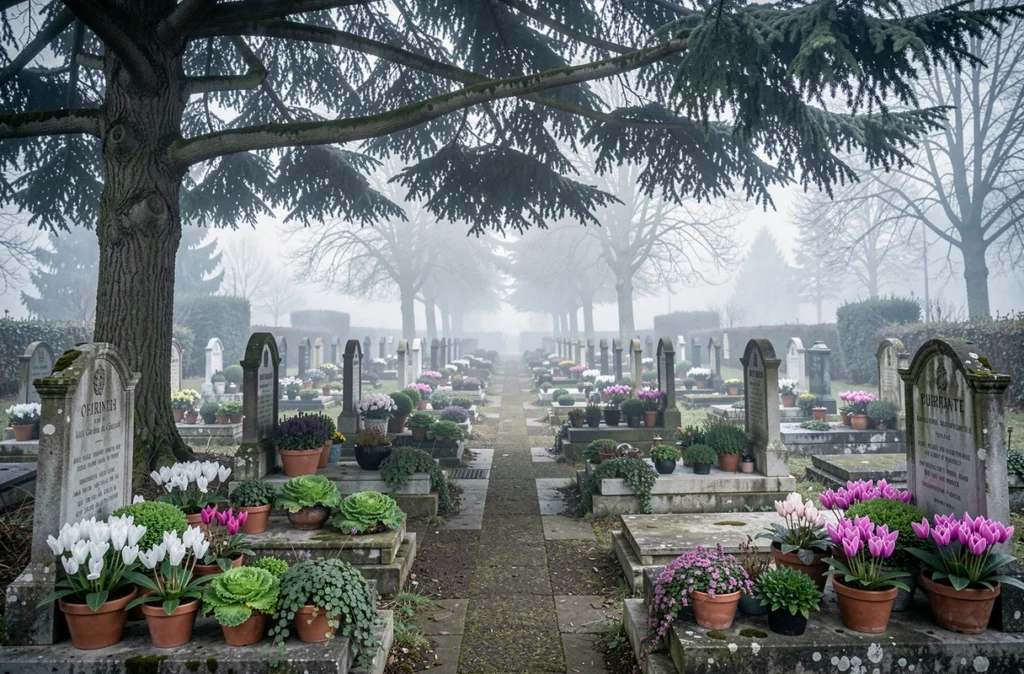 Allée de tombes fleuries avec cyclamens et pervenches dans un cimetière français sous un cèdre en hiver