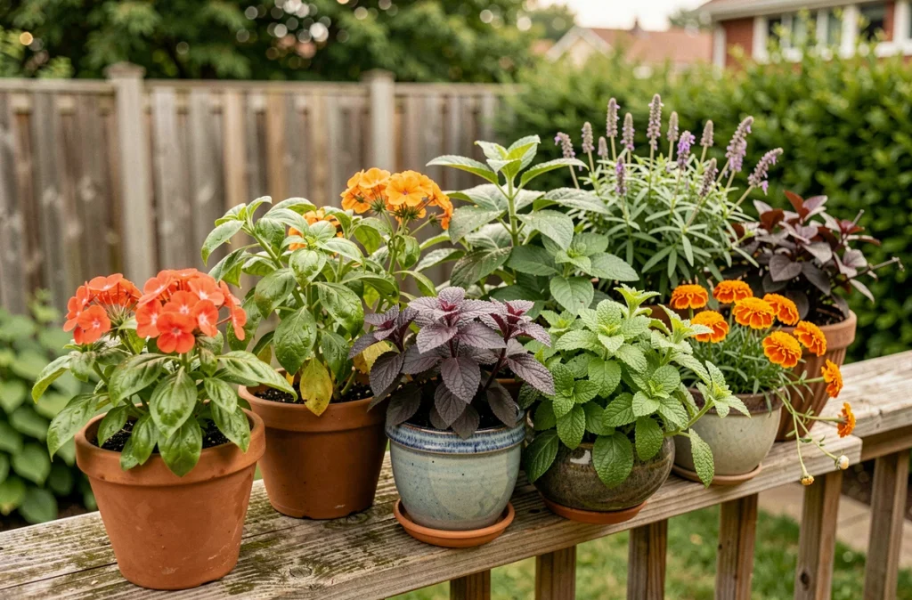 Collection de plantes répulsives en pots sur une terrasse extérieure incluant citronnelle, basilic, menthe et soucis pour éloigner mouches et moustiques