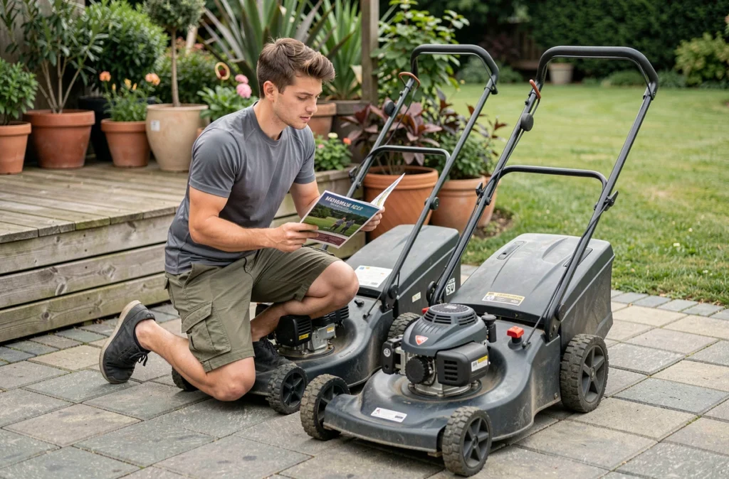 Jeune homme comparant deux modèles de tondeuses côte à côte pour choisir selon sa surface de pelouse