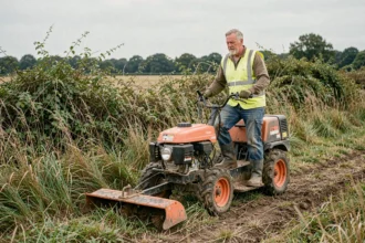 Homme utilisant une débroussailleuse autoportée sur terrain envahi par les herbes hautes et les ronces
