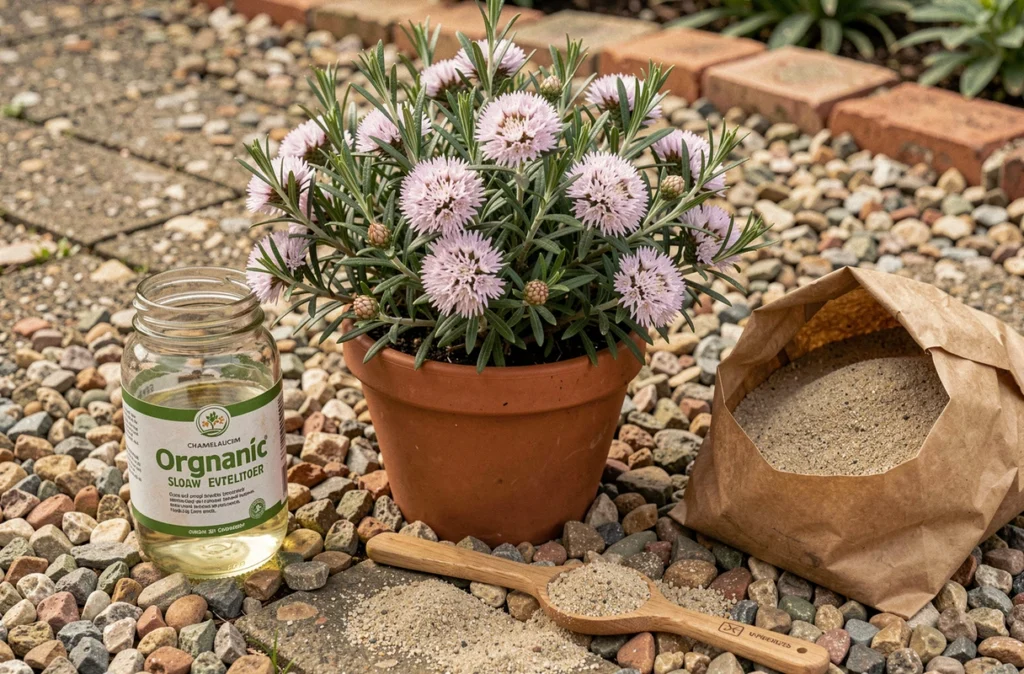 Gros plan sur les engrais et substrat sableux pour Chamelaucium uncinatum avec fleurs de cire mauves dans un pot en terre cuite sur terrasse en gravier