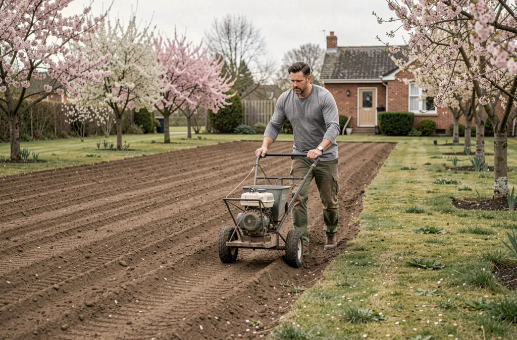 Homme utilisant un épandeur mécanique pour semer du gazon sur une grande surface de jardin au printemps