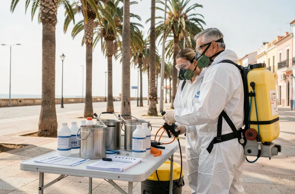 Équipe professionnelle de traitement phytosanitaire préparant le matériel de pulvérisation contre le Papillon du palmier le long d'une promenade côtière