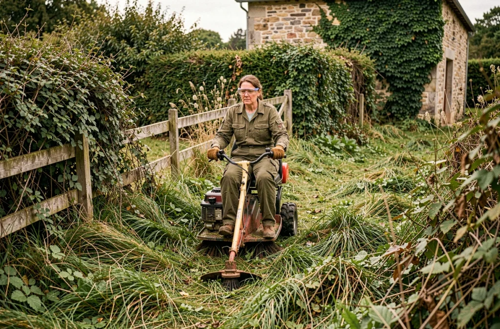 Femme conduisant une débroussailleuse autoportée dans un jardin en pente avec hautes herbes et ronces épaisses