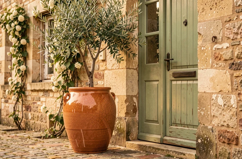 Grand pot en céramique émaillée terracotta de 100 cm devant entrée de maison provençale avec olivier