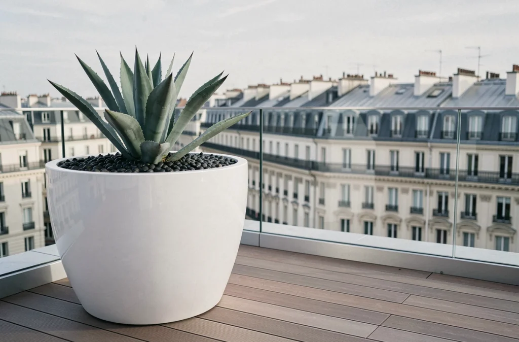 Grand pot extérieur en fibre de verre blanc brillant de 100 cm sur toit-terrasse parisien avec agave et skyline urbain