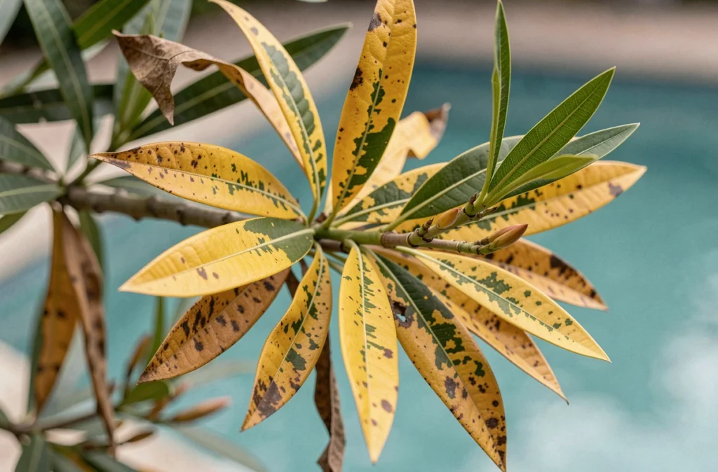 Gros plan sur les feuilles jaunes et chlorotiques d'un laurier rose avec piscine en arrière-plan flou