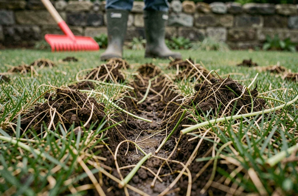 Gros plan sur une pelouse après scarification montrant le chaume arraché et les sillons dans le sol