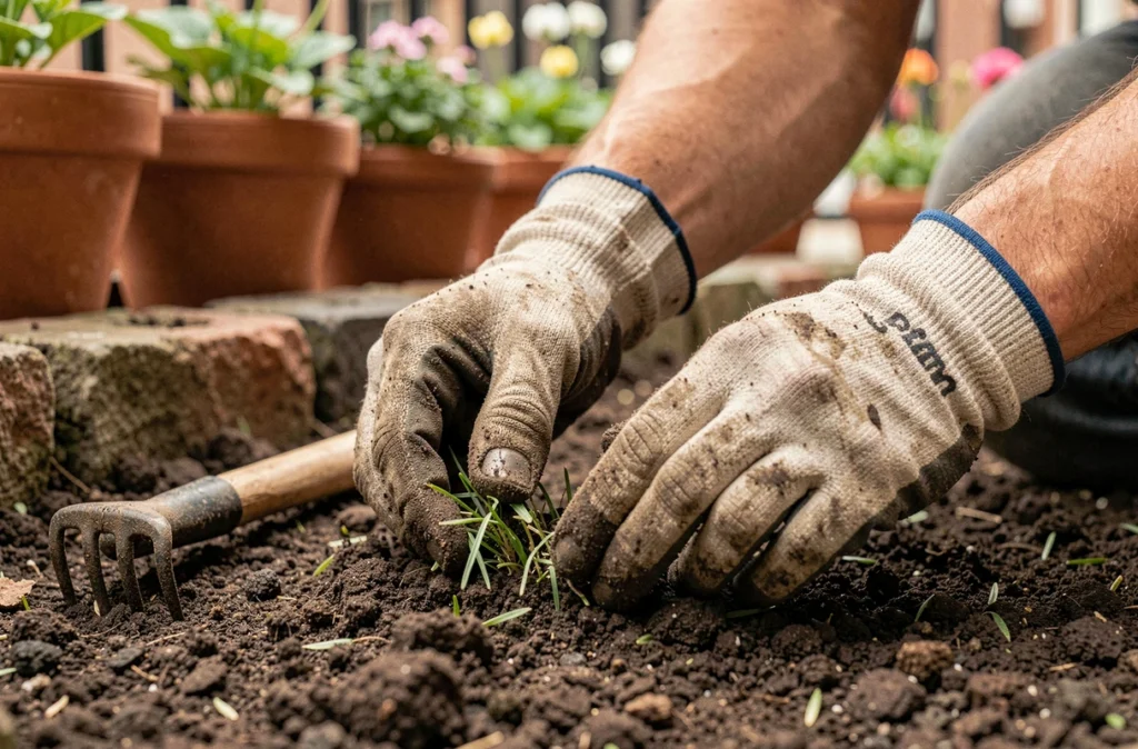 Gros plan de mains gantées pressant des graines de gazon dans la terre humide d'un petit jardin urbain au printemps