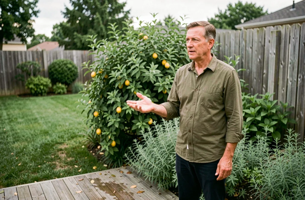 Homme montrant une haie végétale naturelle de verveine citronnelle et cataire installée en bordure de jardin pour repousser les mouches et moustiques autour de la maison