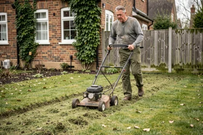 Homme scarifiant sa pelouse avec un scarificateur manuel au printemps dans un jardin résidentiel