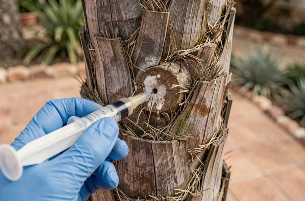 Gros plan sur l'injection d'un traitement chimique dans le tronc d'un palmier pour lutter contre le Papillon du palmier