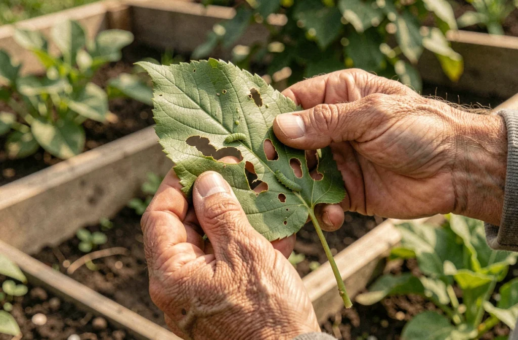 Main de jardinier tenant une feuille trouée par une chenille verte dans un jardin potager