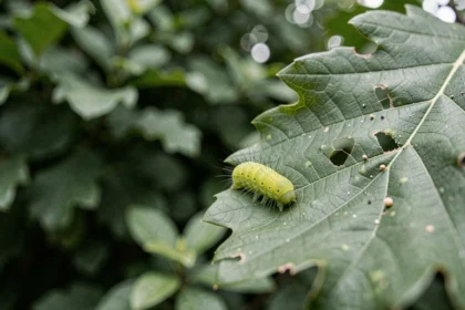 Petite chenille verte mangeant une feuille de chêne partiellement dévorée dans un jardin