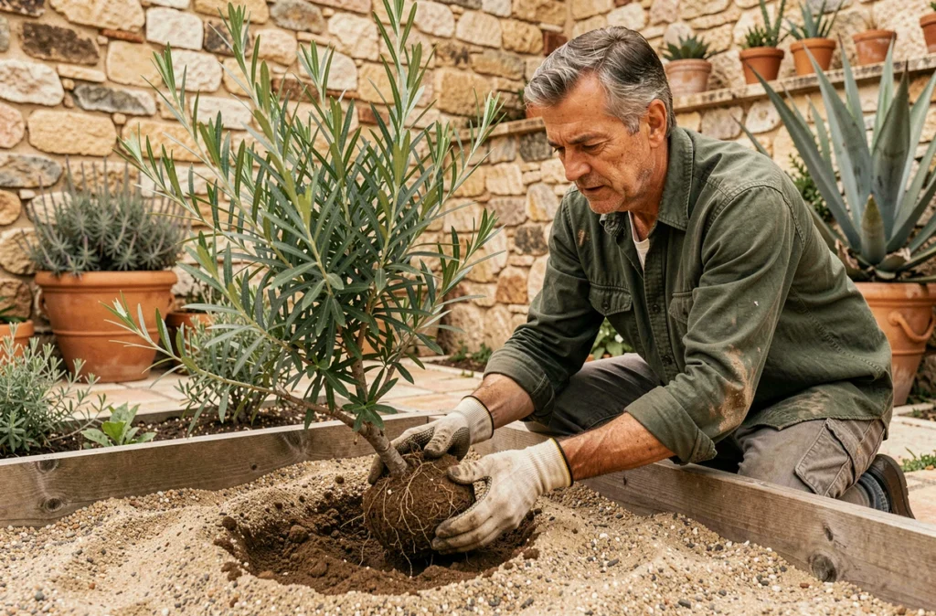 Jardinier en gants de jardinage replantant un Chamelaucium uncinatum dans une jardinière surélevée avec substrat sableux et mulch de gravier en jardin méditerranéen