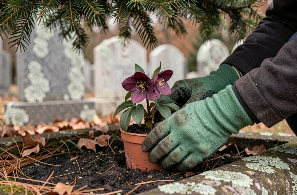 Mains de jardinier plantant des hellébores dans un sol de cimetière ombragé en hiver