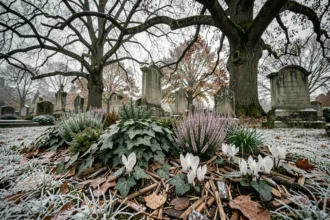 Parterre de plantes vivaces fleuries sous des arbres dans un cimetière en hiver avec du givre et du lierre