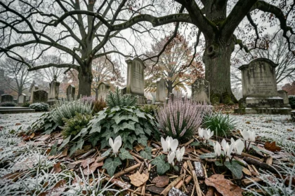 Parterre de plantes vivaces fleuries sous des arbres dans un cimetière en hiver avec du givre et du lierre