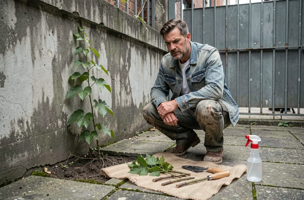 Homme qui prépare des boutures de vigne vierge sans serre dans une cour urbaine