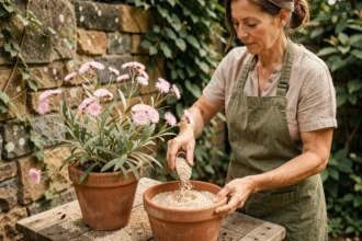 Femme en tablier de jardinage rempotant un Chamelaucium uncinatum dans un pot en terre cuite avec un substrat drainant, à l'extérieur sur un établi en bois rustique