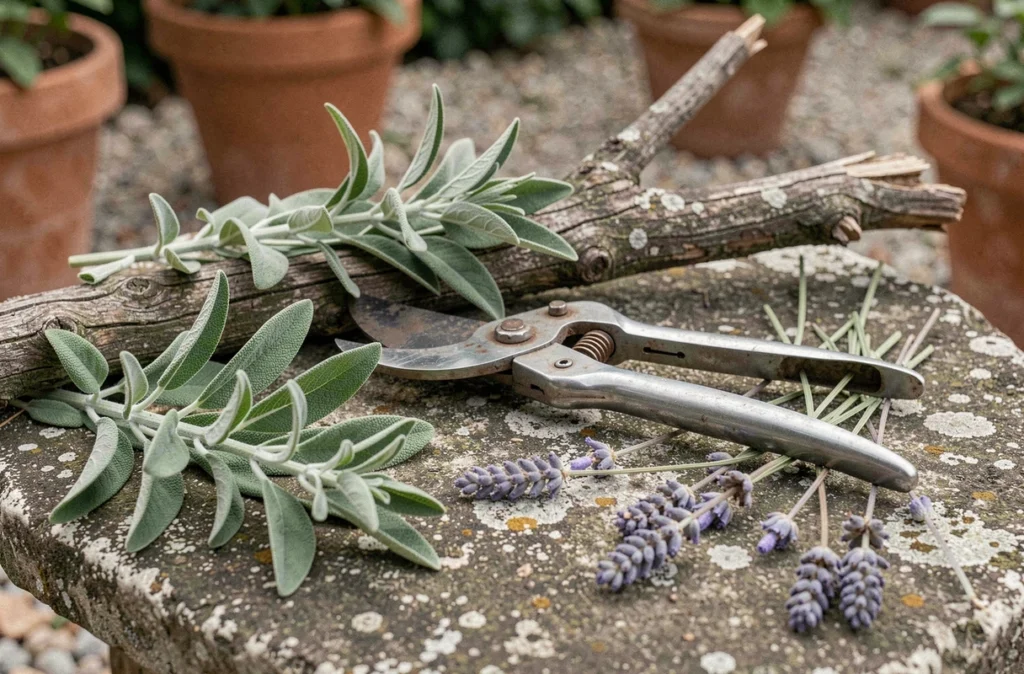Sécateur posé sur une branche de sauge arbustive ligneuse avec des tiges taillées sur une table en pierre de jardin