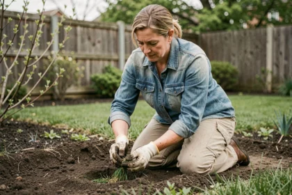 Femme jardinière semant des graines de gazon à la main dans un jardin printanier sur sol fraîchement retourné