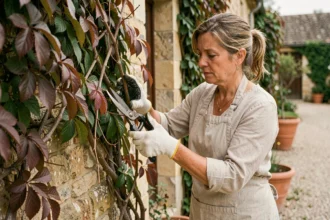 Femme taillant une vigne d'ornement sur un mur de pierre dans un jardin français en automne