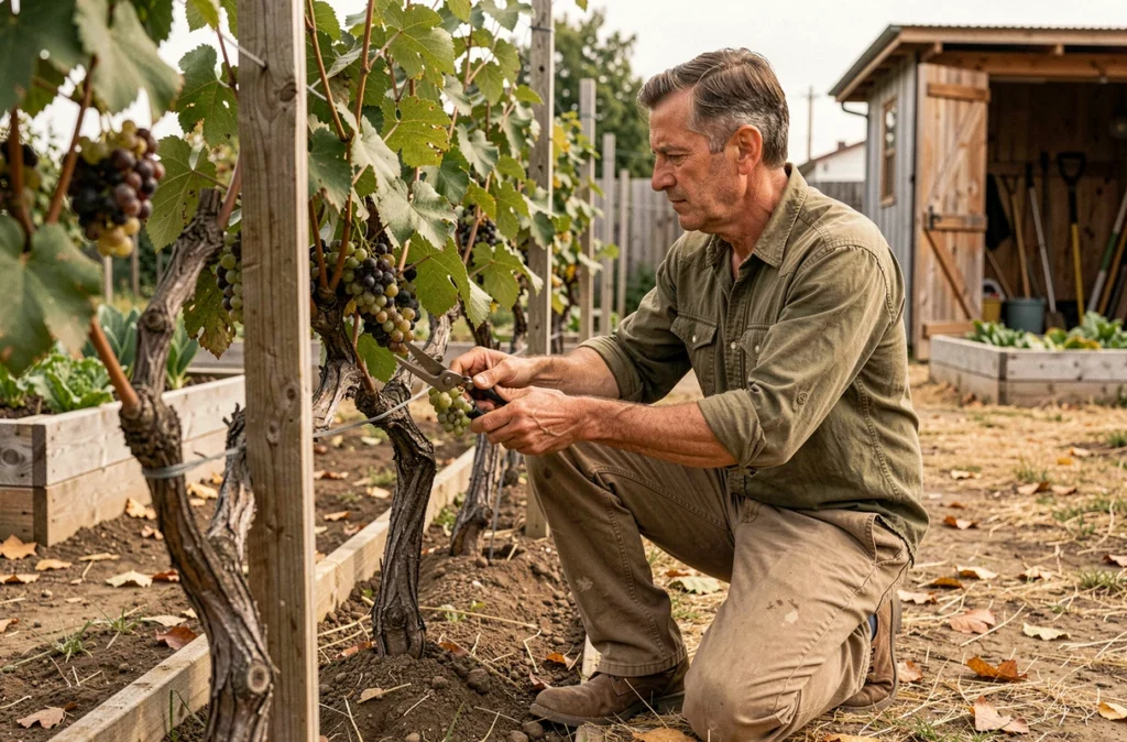 Homme en train de tailler une vigne de table avec des raisins sur un treillage en bois dans un potager