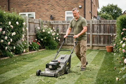Homme utilisant une tondeuse électrique compacte sur une petite pelouse de jardin suburban