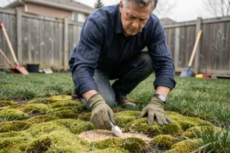 Homme appliquant un traitement anti-mousse granulaire sur une pelouse en mauvais état dans un jardin résidentiel au printemps