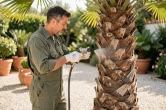 Technicien en horticulture appliquant un traitement chimique par pulvérisation à la base d'un palmier méditerranéen dans un jardin ensoleillé