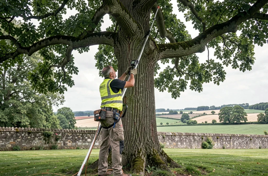 Spécialiste arboricole de ARBOREA élagant un grand arbre dans un domaine près de Chauvigny
