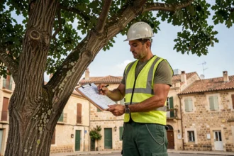 Arboriste professionnel évaluant un chêne mature en milieu urbain à Montauban pour établir un devis d'élagage