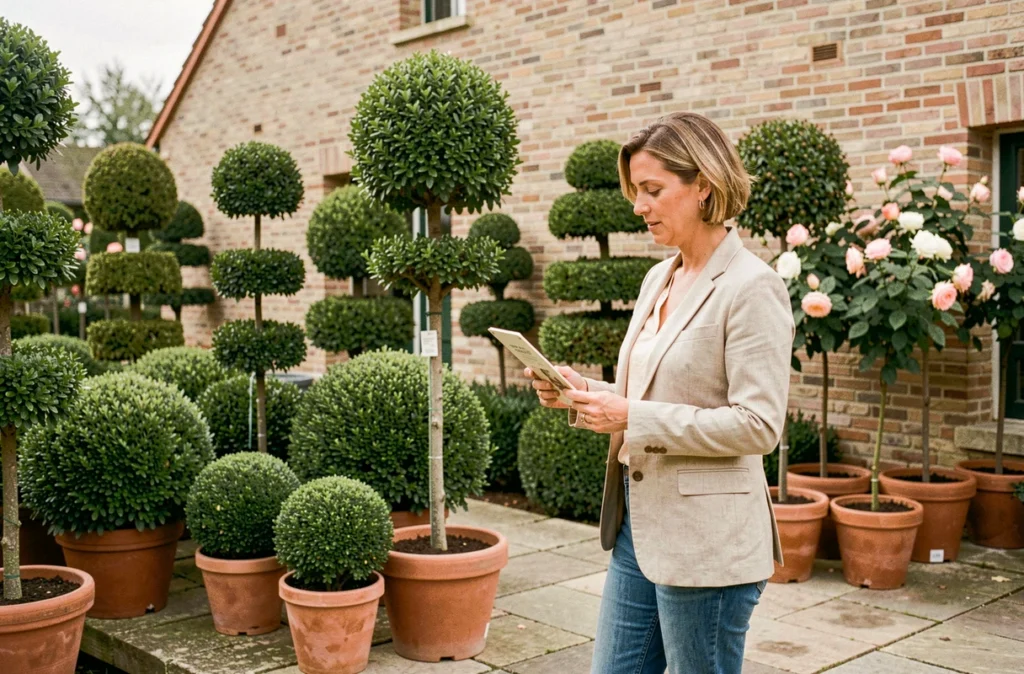 L'Arbre d'Ornement en Flandre intérieure avec des topiaires soignés et des rosiers tiges sur une esplanade pavée près d'une ferme flamande