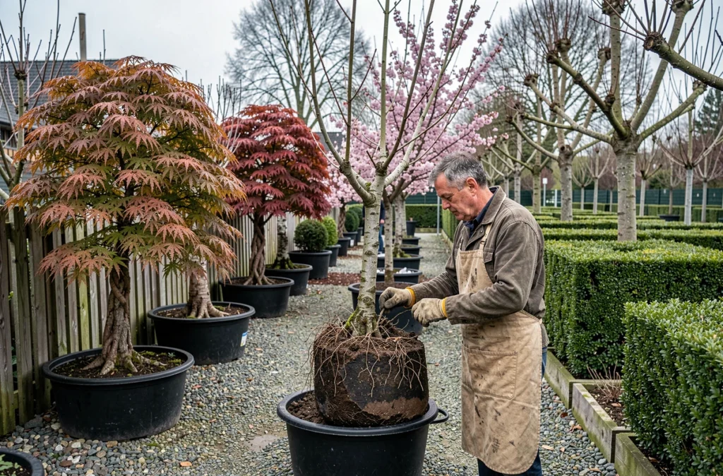 Pépinière Arbres et Fleurs dans la métropole lilloise avec des érables, cerisiers ornementaux et buis en conteneurs le long d'une allée